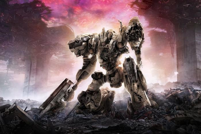Armored Core 6 release date A robot from Armored Core 6 holding a weapon in front of a pink sky