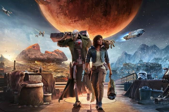 star-wars-outlaws-research-57-location Star Wars Outlaws characters posing while holding weapon and bag in front of dark orange planet